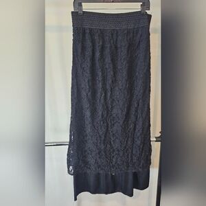 Womens XL Black High-Low‎ Lace Midi Pencil Skirt Elastic Waist Cocktail Witchy